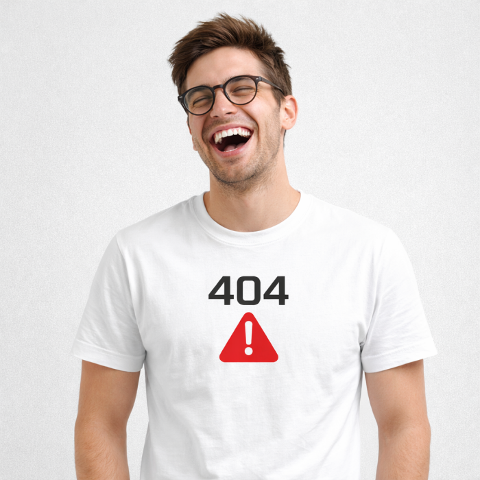 Tricou alb unisex „404 Error”, design minimalist cu simbol de avertizare, print negru si rosu, stil casual modern [2]