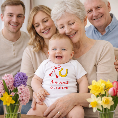 BODY BEBE - Body bebe alb unisex de Martisor cu mesaj „Am venit cu noroc”, imprimeu cu potcoava si snur de martisor, perfect pentru cadou si sedinte foto de familie