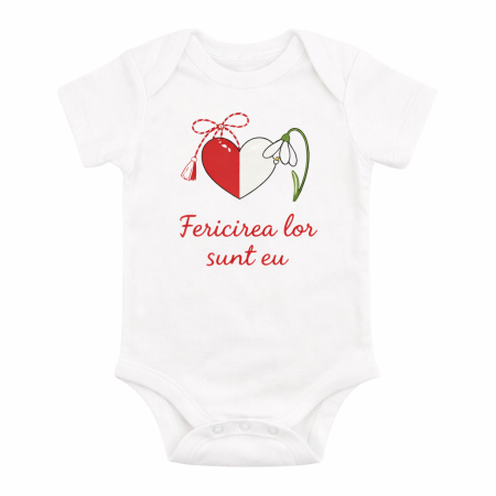 Body bebe alb de Martisor „Fericirea lor sunt eu”, model unisex cu ghiocel si snur de martisor, ideal pentru cadou, poze de familie si primul Martisor [1]
