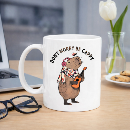 Cana ceramica alba cu imprimeu capybara „Dont worry be cappy”, cana pentru birou si acasa, cadou pentru copii si adulti, mesaj pozitiv [4]
