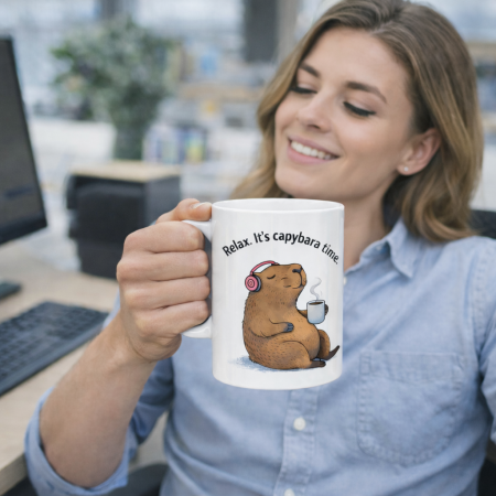 Cani personalizate - Cana personalizata cu Capybara – „Relax. It’s capybara time.”, ideala pentru birou, cafea sau ceai, cadou amuzant pentru oameni relaxati