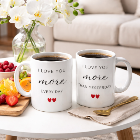 Cani personalizate - Set 2 cani cadou pentru cuplu indragostit, ceramica alba, mesaje romantice I Love You More Every Day / Than Yesterday, ideale pentru mic dejun in doi