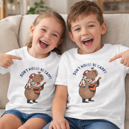 Tricou alb pentru copii si adulti cu imprimeu capybara „Dont worry be cappy”, tricou unisex , model vesel, ideal pentru familie, poze, scoala si cadou [5]