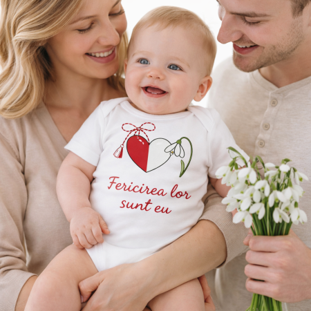 Tricouri Paste - Body bebe alb de Martisor „Fericirea lor sunt eu”, model unisex cu ghiocel si snur de martisor, ideal pentru cadou, poze de familie si primul Martisor