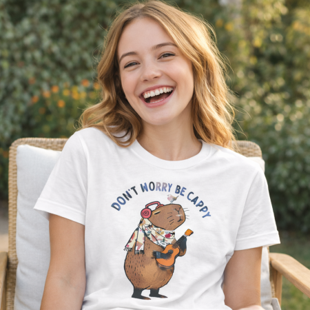 Tricou alb pentru copii si adulti cu imprimeu capybara „Dont worry be cappy”, tricou unisex , model vesel, ideal pentru familie, poze, scoala si cadou [2]