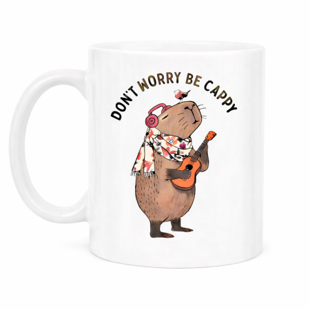Cani personalizate - Cana ceramica alba cu imprimeu capybara „Dont worry be cappy”, cana pentru birou si acasa, cadou pentru copii si adulti, mesaj pozitiv