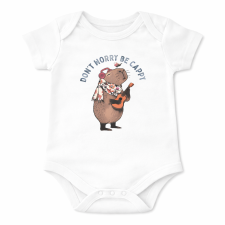 Body bebe alb cu imprimeu capybara „Dont worry be cappy”, model unisex, body bebelusi maneca scurta, ideal pentru poze acasa, cadou haios pentru copii [1]