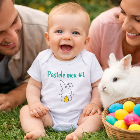 Tricouri Paste - Body bebe alb de Paste „Pastele meu #1”, imprimeu colorat cu iepuras, model unisex, cadou pentru primul Paste al bebelusului