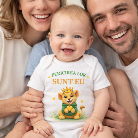 Body bebe alb cu imprimeu leu pui dragut si mesaj FERICIREA LOR SUNT EU, body unisex pentru nou nascut si bebelusi, hainuta cadou premium, design colorat atractiv pentru copii [0]