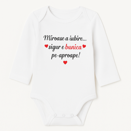 Body bebe cu mesaj „Miroase a iubire... sigur e bunica pe aproape!” – cadou adorabil pentru bunici,marimea [1]