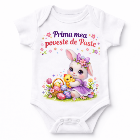 Body bebe Paste alb cu iepuras, oua si flori, mesaj Prima mea poveste de Paste, hainuta festiva pentru fetite, ideal cadou Paste nou nascut si bebelusi [1]