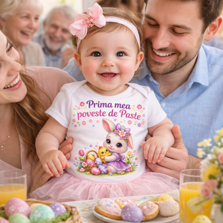 Tricouri - Body bebe Paste alb cu iepuras, oua si flori, mesaj Prima mea poveste de Paste, hainuta festiva pentru fetite, ideal cadou Paste nou nascut si bebelusi