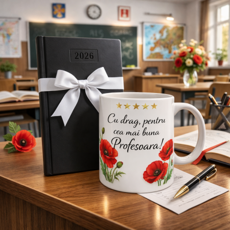 Tricouri - Cadou pentru Profesoara Set Agenda 2026 si Cana Personalizata cu Maci Mesaj Elegant