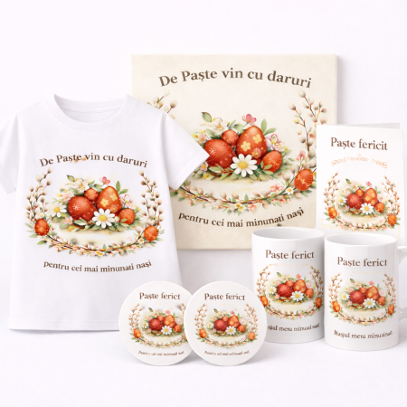 Tricouri - Cadou Special de Paste pentru Nasi – Set cu Tricou, Cani Personalizate, Coastere, Felicitare si Tablou Canvas