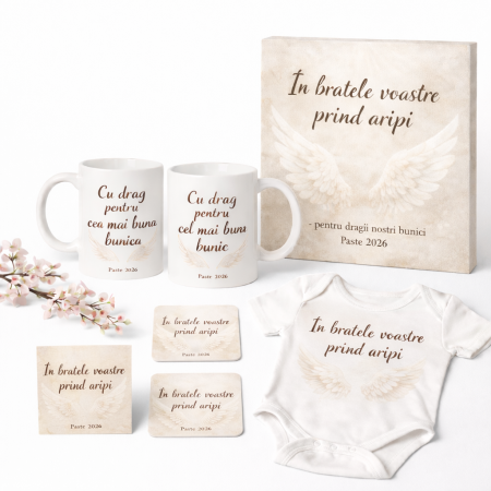 Tricouri - Cadoul Perfect pentru Bunici de Paste 2026 – Set Premium cu 2 Cani Personalizate si Tablou Canvas 25x25