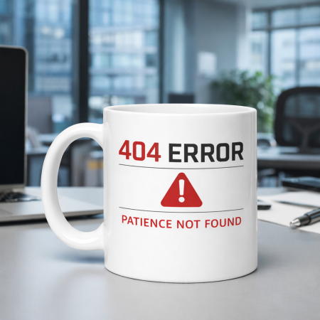 Cana amuzanta pentru birou „404 Error – Patience Not Found”, ceramica alba, 330 ml [1]