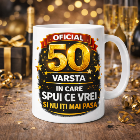 Cani personalizate - Cana aniversara 50 ani cu mesaj amuzant Oficial varsta in care spui ce vrei si nu iti mai pasa