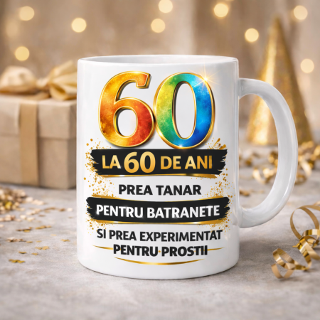 Cani personalizate - Cana aniversara cu mesaj amuzant pentru 60 de ani, design premium cu cifra colorata, cadou original aniversare