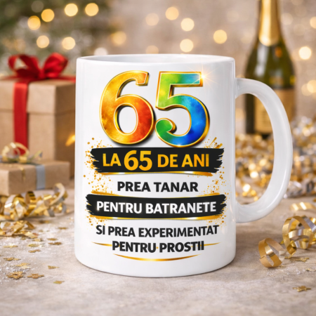 Cani personalizate - Cana aniversara cu mesaj amuzant pentru 65 de ani, design premium cu cifra colorata, cadou original pentru aniversare