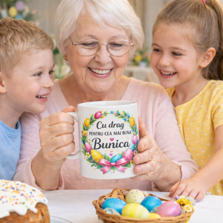 Cadouri personalizate - Cana Cadou Paste pentru Bunica – Cu drag pentru cea mai buna Bunica – Cana Personalizata de la Nepoti, Motiv Floral cu Oua de Paste
