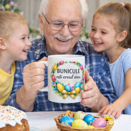 Tricouri - Cana Cadou Paste pentru Bunicul – „Bunicule esti eroul meu” – Cana Personalizata de la Nepoti sau Familie, Motiv Floral cu Oua de Paste