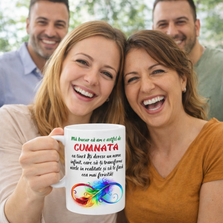 Cana cadou pentru Cumnata cu mesaj emotionant, model familie fericita, ceramica alba 330 ml [1]