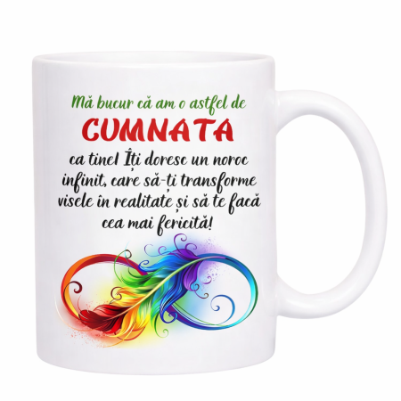 Cadouri nasi, fini, parinti - Cana cadou pentru Cumnata cu mesaj emotionant, model familie fericita, ceramica alba 330 ml