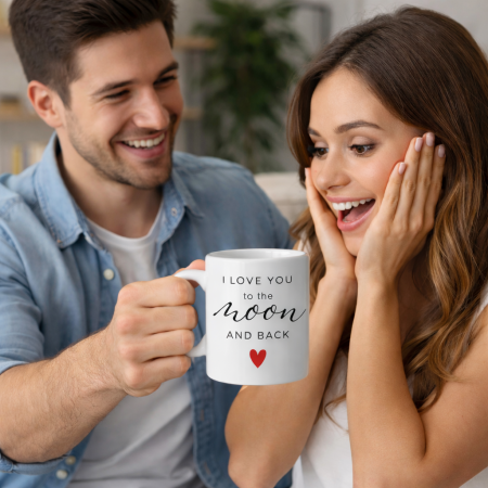 Cani personalizate - Cana cadou romantica pentru cupluri, ceramica alba, mesaj I Love You to the Moon and Back, ideala pentru iubita, sotie, aniversari si ocazii speciale