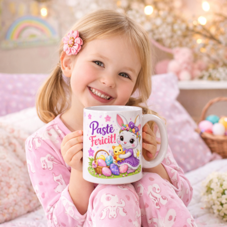 Cana Paste copii – Paste Fericit, cana cu iepuras si pui, cadou fetite, design vesel si colorat [1]