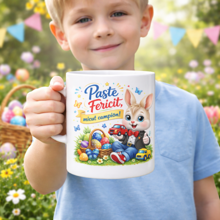 Cana Paste pentru copii baieti model iepuras cu masinuta mesaj Paste Fericit micut campion cana ceramica cadou Paste design colorat [1]