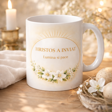 Tricouri - Cana Paste personalizata Hristos a Inviat, cana ceramica alba cu design elegant floral, cadou special Paste pentru familie, prieteni sau colaboratori