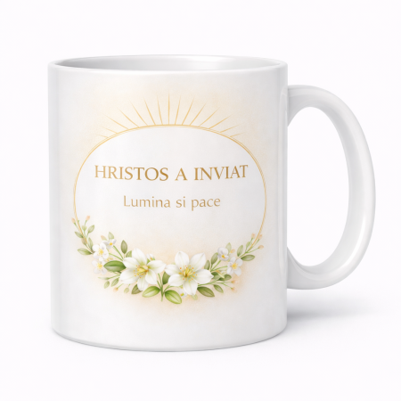 Cana Paste personalizata Hristos a Inviat, cana ceramica alba cu design elegant floral, cadou special Paste pentru familie, prieteni sau colaboratori [1]