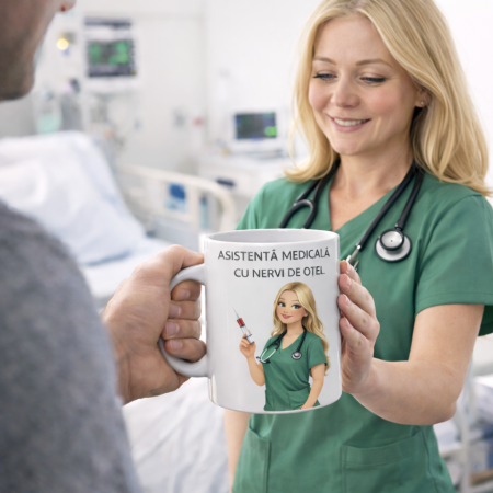 Cani personalizate - Cana personalizata Asistenta Medicala cu nervi de otel – cana cafea ceramica, cadou pentru asistente medicale