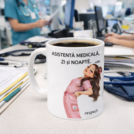 Cani personalizate - Cana personalizata Asistenta Medicala zi si noapte – cana cu mesaj respect, ideala pentru camera de garda, cadou asistente medicale, cafea de tura