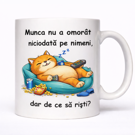 Cana personalizata cu mesaj amuzant Munca nu a omorat niciodata pe nimeni dar de ce sa risti pisica lenesa cadou haios [2]