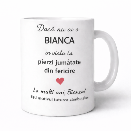 CANI NUME - Cana personalizata cu numele Bianca, cadou aniversare sau zi de nume pentru Bianca,