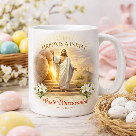 Cana personalizata Paste – Hristos a Inviat, design elegant cu tematica religioasa, cadou special [1]