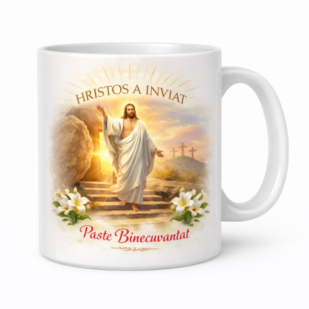 Tricouri - Cana personalizata Paste – Hristos a Inviat, design elegant cu tematica religioasa, cadou special