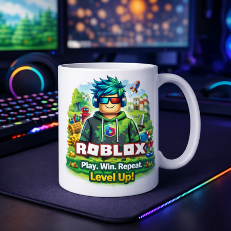 Tricouri - Cana personalizata Roblox pentru copii, model gamer, design color cu personaj si mesaj Play Win Repeat Level Up, cadou ideal
