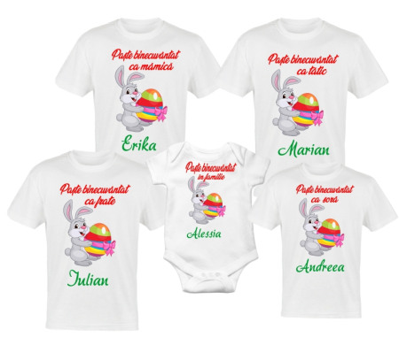 Tricouri Paste - Set 5 tricouri personalizate "Paste binecuvantat, Iepuras''