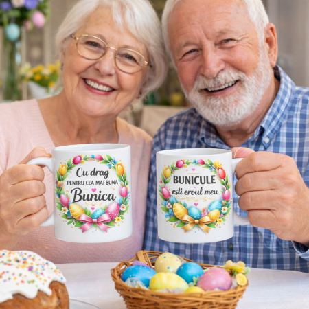 Cani personalizate - Set 2 Cani Cadou Paste pentru Bunica si Bunicul – Mesaje Emotionale, Motiv Floral cu Oua de Paste – Cadou Familie de la Nepoti