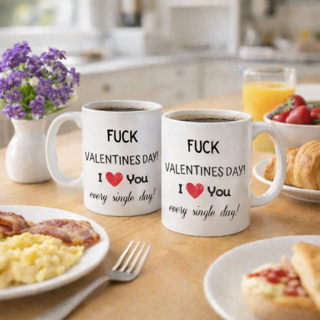 Cadouri nasi, fini, parinti - Set 2 Cani cu mesaj amuzant pentru cuplu „FARA Valentines Day! I Love You Every Single Day”, ceramica alba 330 ml, model romantic si funny