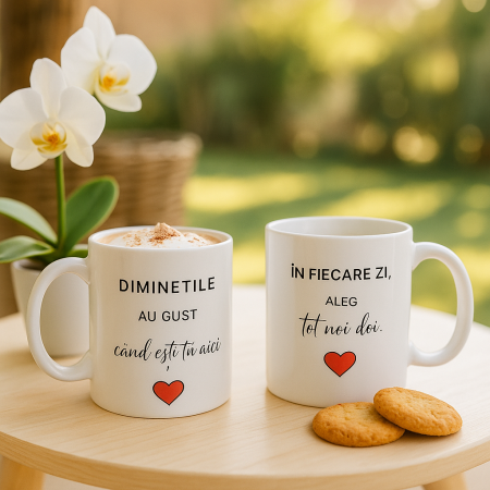Cani personalizate - Set 2 Căni Personalizate Cuplu – Diminețile au gust când ești tu aici – Cadou Romantic