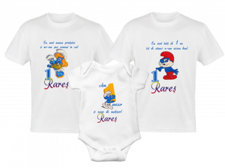 Tricouri aniversare - Set 2 tricouri si 1 body pentru taierea motului, tema strumfi 3