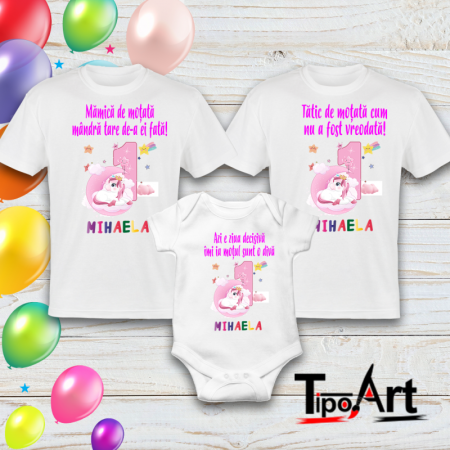 Tricouri aniversare - Set 2 tricouri si body pentru aniversare 1 an poney