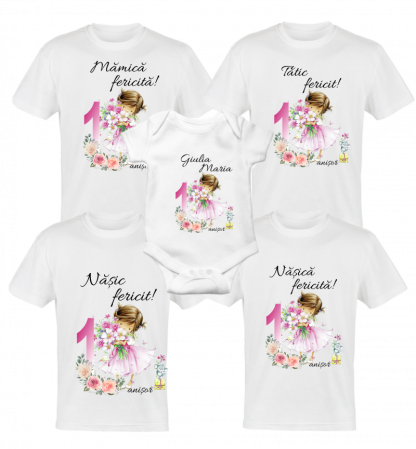Tricouri aniversare - Set 4 tricouri si body pentru taierea motului, girls flowers pink