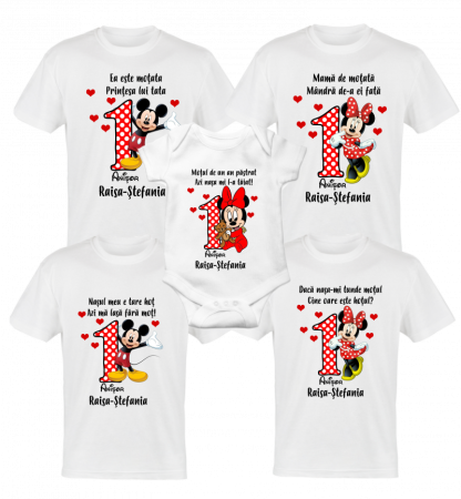 Tricouri aniversare - Set 4 tricouri si body pentru taierea motului, minnie cu mickey