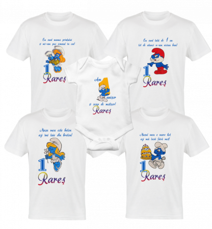 Tricouri aniversare - Set 4 tricouri personalizate si 1 body , strumfi 5