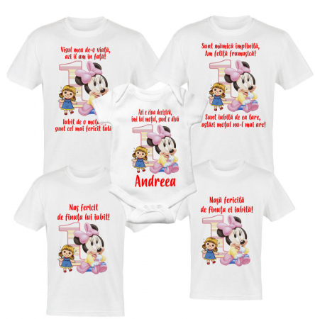 Tricouri aniversare - Set 4 tricouri personalizate  si 1 body , tema minnie roz 5