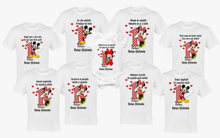 Tricouri aniversare - Set 8 tricouri si body pentru aniversare, tema minnie si mickey